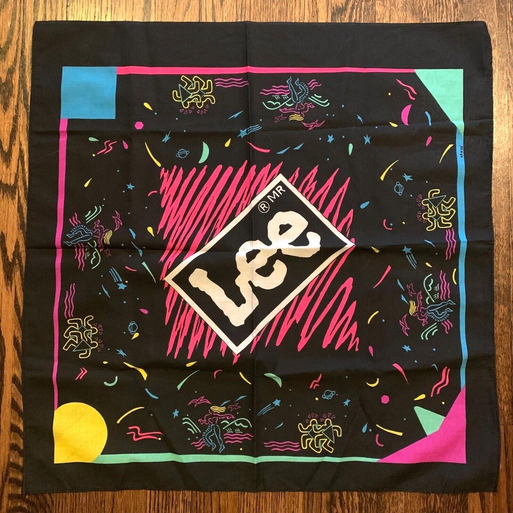 Vintage 80s Lee Bandana Black Neon Signed Logo Advertising Square Handkerchief‎